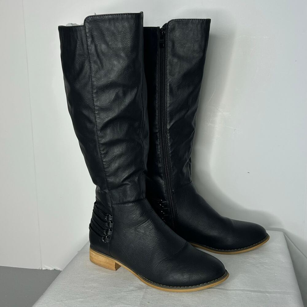JG Women’s Black Knee High Boots Size 7.5 Low Heel Side Zip Riding Casual